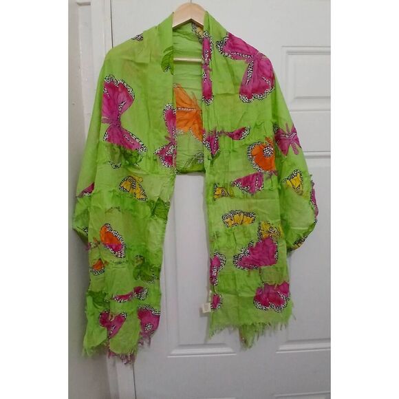 Chemistry ny women lime green pink butter fly rectangular spring summer scarf - Picture 1 of 6